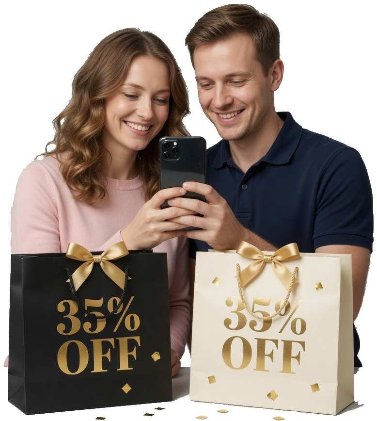 Two shoppers holding black and cream bags printed 35% OFF, looking down at a phone turned toward them.