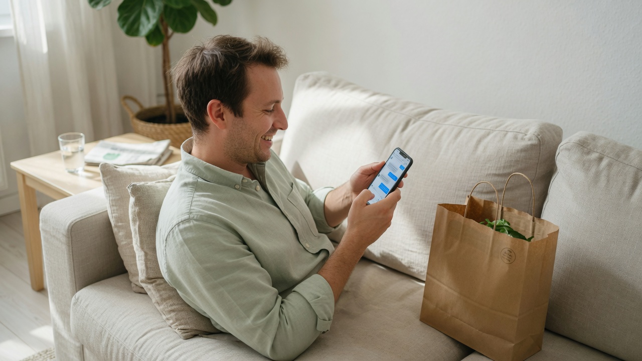 A shopper reading a delivery notification on a phone.